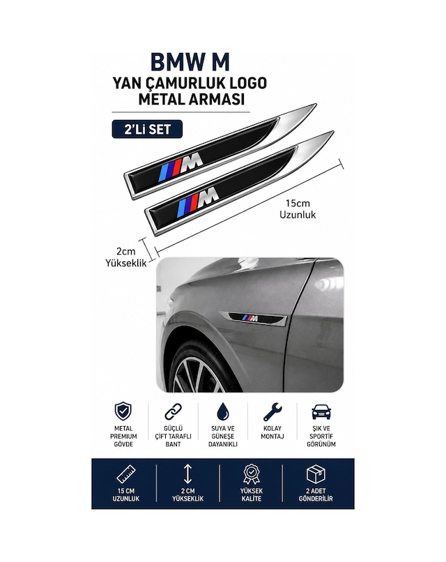 Bmw M Metal Damla Desen Çamurluk Yan Çıtası Logo Amblem 2 Li Set