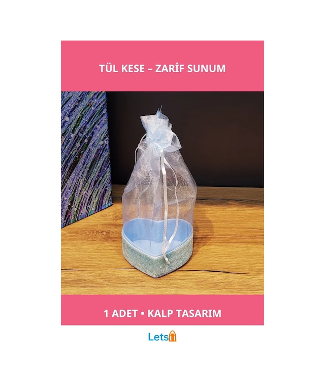 Mavi Kalp Tasarımlı Şık Tül Kese 16 Cm