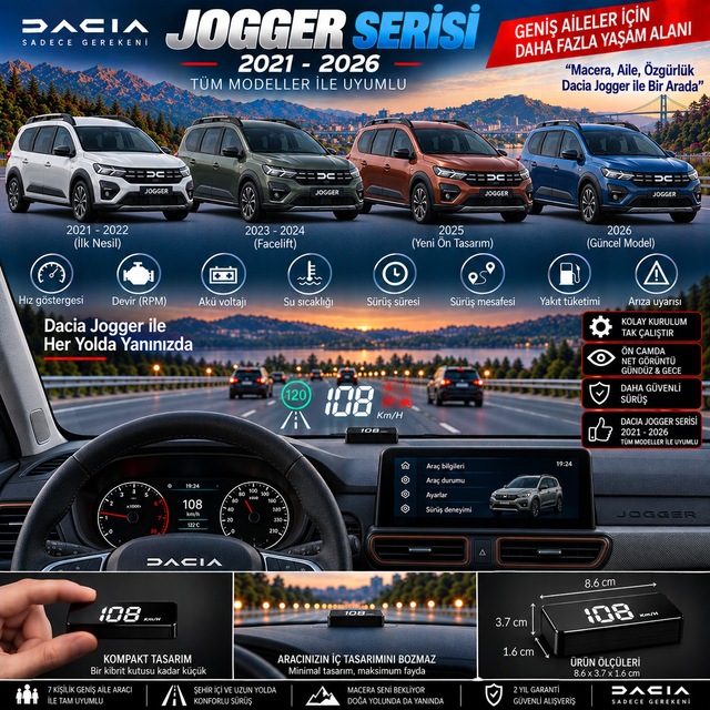 Dacia Jogger 2021-2026 Modeller İçin Head Up Display Hayalet Gösterge Ekranı Ön Cam Hız Göstergesi
