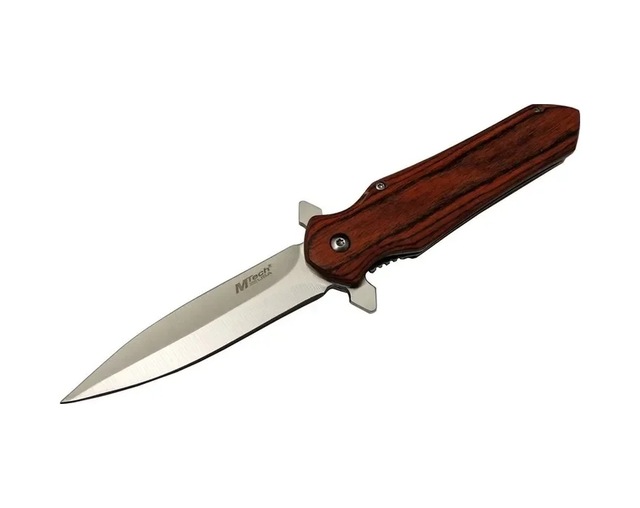 4-11 Kahverengi Kamp Çakı 21cm- Yarı Otomatik, Kemerlikli, Ahşap Sap