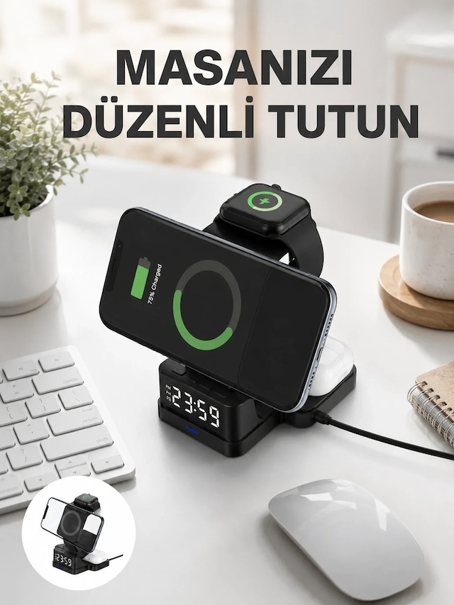 Ers Dijital Saatli Kablosuz Şarj İstasyonu 3 Ü 1 Arada Uyumlu Hızlı Şarj Ve Led Ekran Yeni Nesil
