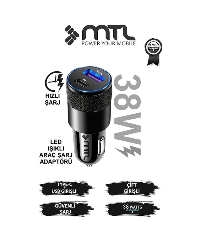 Araç Şarj Aleti Çakmaklık 38w Type-c + Usb Çift Portlu - Qualcomm Qc 4.0 Desteği Mt-a1833