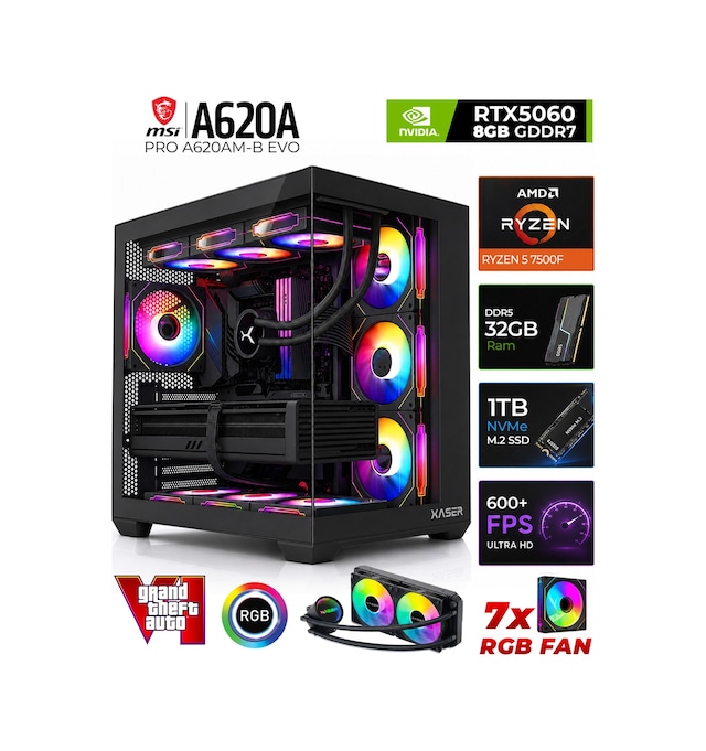 Xaser SHINY X70 R5-7500F 32 GB 1 TB M.2 NVMe SSD 8 GB RTX5060 Free Dos Masaüstü Oyuncu Bilgisayarı