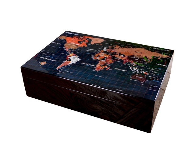 Premiumquality Siyah Harita Desenli Sedir Humidor Puro Kutusu - Tr8826