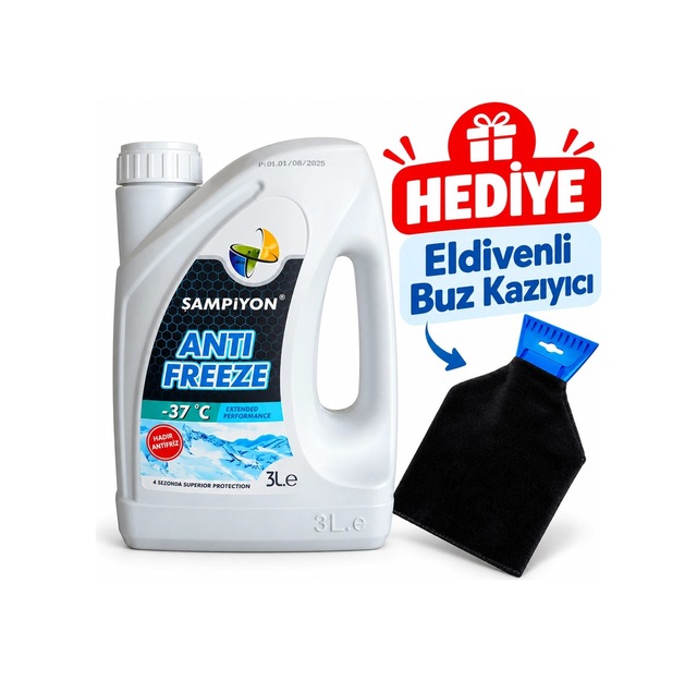 Şampiyon Süper Antifriz -37 C Mavi Antifriz 3 Lt. - Eldivenli Buz Kazıyıcı Hediyeli