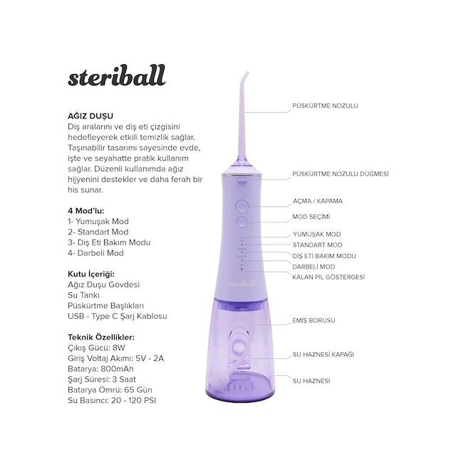 Tr Oral Irrigator Ağız Duşu Lila - 4 Temizlik Modu, 360 Dönebilen Başlık, 0,60 Mm İnce Su Akışı, Yüksek Fre