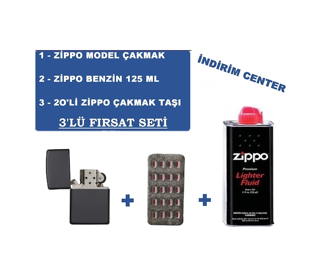 Zippo İthal Siyah Çakmak + Zippo Benzin 125 Ml + 20 Li Zippo Taşı N11.3755