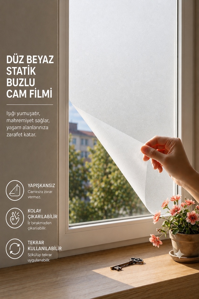 Deconitte Statik Düz Beyaz Buzlu Cam Filmi 60x100 Cm Yapışkansız Mahremiyet Sağlayan Dekoratif Cam Kaplama, Kumlama