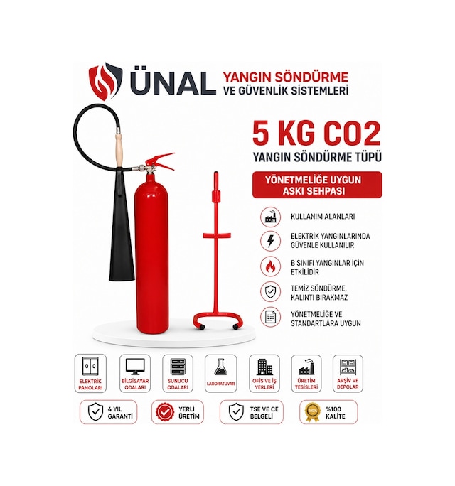 5 Kg Co2 Yangın Söndürme Cihazı Askı Sehpalı Tse Ve Ce Belgeli Yangın Tüpü