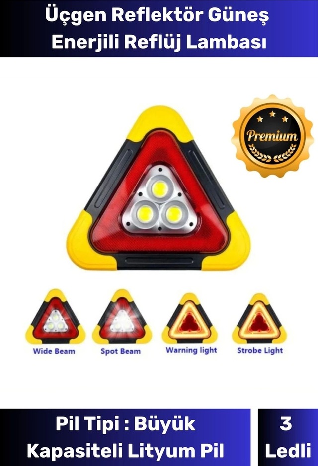 Premium Su Geçirmez 3 Ledli Solar Üçgen Reflektör Güneş Enerjili Refluj Araba Oto Lambası