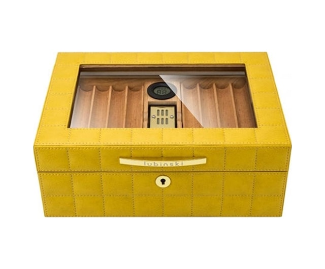 Lubinski Deri Camlı Humidor Puro Kutusu Sarı 50s