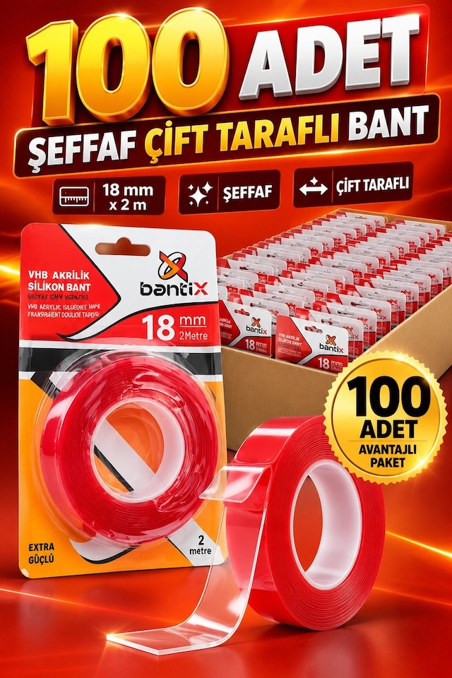 Bantix Şeffaf Çift Taraflı Bant 100 Adet 18 Mm X 2 Metre Vhb Akrilik Silikon Güçlü Yapışkanlı Montaj Diğer