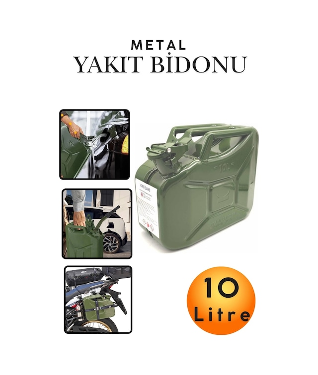 10 Litre Metal Benzin Bidonu Dayanıklı Akaryakıt Mazot Yakıt Taşıma Doldurma Ve Depolama Bidonu Paslanmaz Çelik Statik Boyalı Emniyet Kilitli Metal Kombi Bidon Nato Tipi Metal Askeri Benzin Bidonu