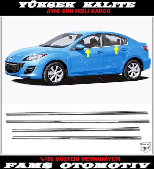 Mazda 3 Krom Cam Çıtası 4 Prç. 2009-2014 Arası P. Çelik Sedan