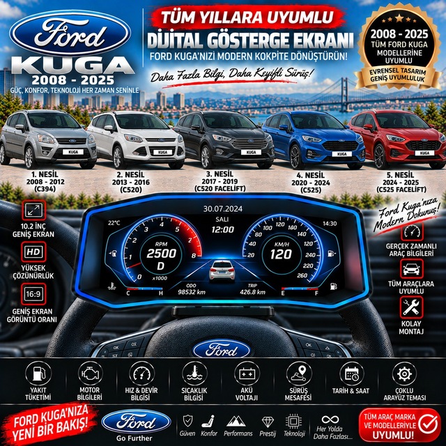 Ford Kuga 2008-2025 Model Uyumlu Harici Digital Gösterge Odb Ekran Arıza Göstergesi Turbo Gösterge Hayalet Ekran