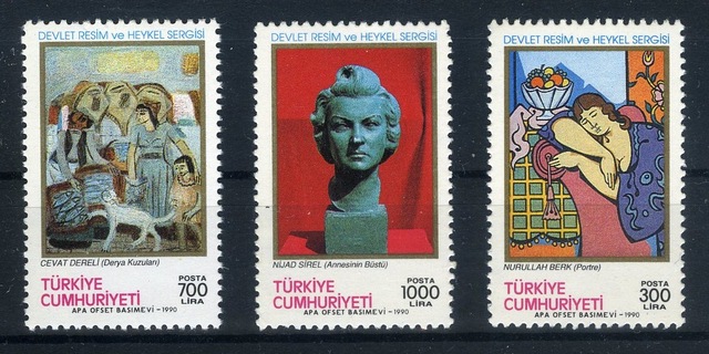 Koleksiyon Pulları, 1990 Devlet Resim Ve Heykel Sergisi,3 Pulluk Damgasız Tam Seri Teşhir Ürün