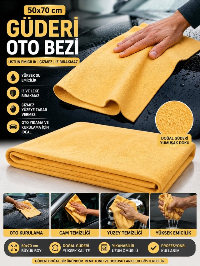 Muggio 50x70 Sentetik Güderi Oto Kurulama Bezi Süper Emici İz Bırakmaz Araç Temizlik Bezi 1 Adet