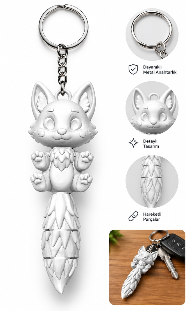 Sevimli Tilki Kedi Figürlü Çanta Aksesuarı Anahtarlık Hareketli Kuyruk Beyaz 3D Baskı