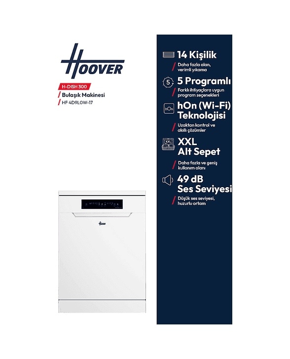 Hoover HF 4D9L0W-17 14 Kişilik 5 Programlı Wi-fi Bağlantılı Bulaşık Makinesi Beyaz