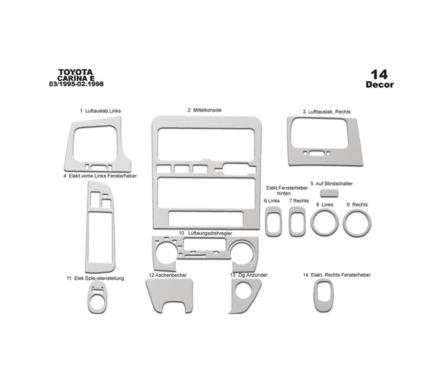 Toyota Carina E Torpido Kaplama 1995-1998 14 Parça Alüminyum