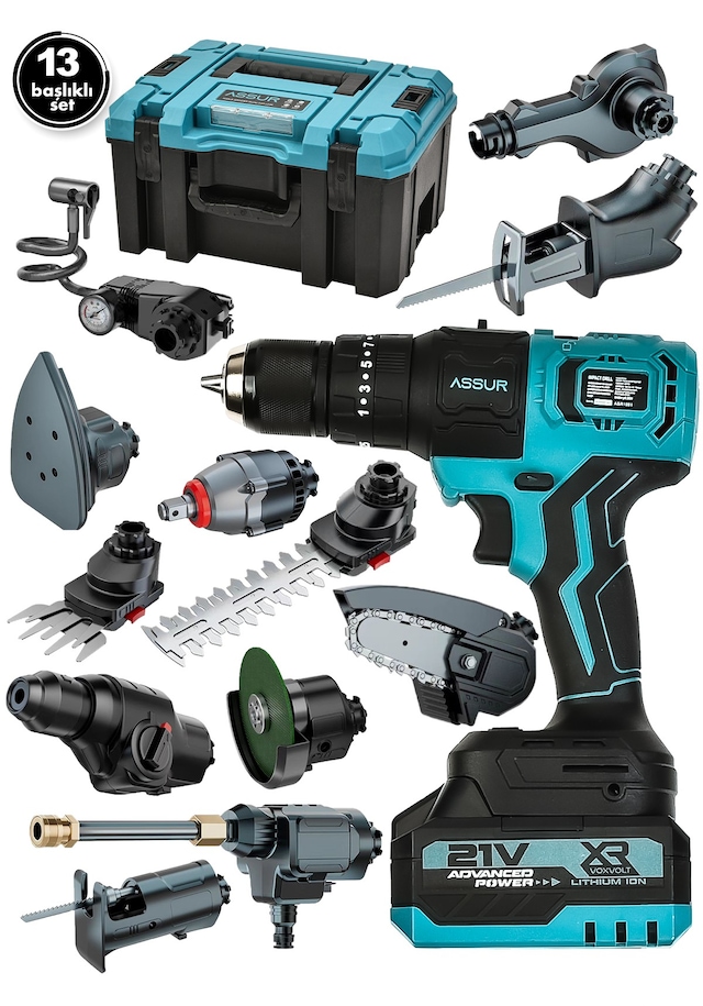 Assur ASR1091-02-1 21V Kömürsüz Şarjlı Muhteşem 13 Başlıklı Set Mavi