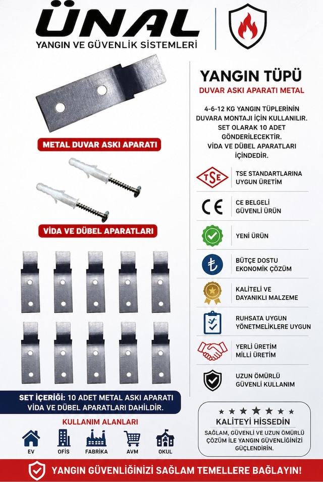 Yangın Tüpü Metal Askı Aparatı Metal Yangın Söndürücü Askısı 10'lu Set Vida Ve Dübel