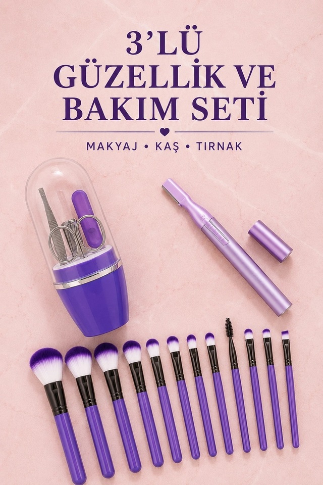12 Li Makyaj Fırça Seti Kaş Düzeltme Cihazı Ve Tırnak Bakım Seti 3 Lü Kadın Güzellik Ve Kişisel Bakı