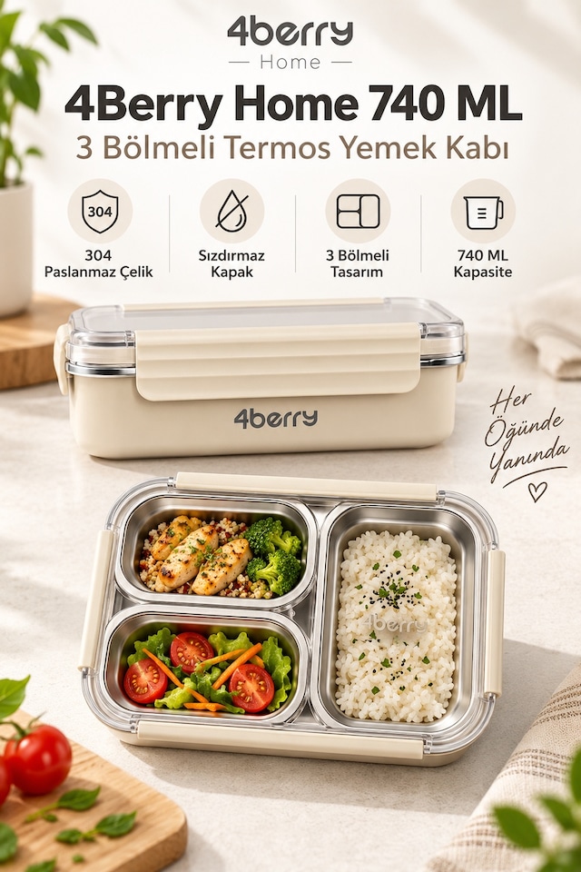 4berry Home 740 Ml 3 Bölmeli 304 Paslanmaz Çelik Termos Yemek Kabı Sızdırmaz Kapaklı, Isı Korumalı Beslenme Kutusu Krem-bej