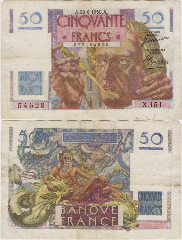 Fransa 50 Frank 1950 Üst Kulakta Ufak Kopma Ve Alt Kenarda Yarım Cm Yırtık Çt.