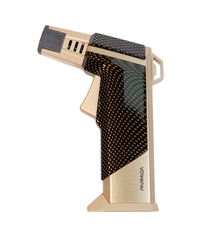 Parmida Tek Torch Pürmüz Karbon Desenli Gold Masa Tipi Metal Puro Çakmağı - Tr9238