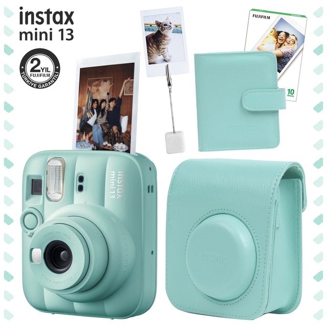 Instax Mini 13 Fotoğraf Makinesi Deri Çanta Albüm Kıskaç + 10'lu Film Hediye Seti