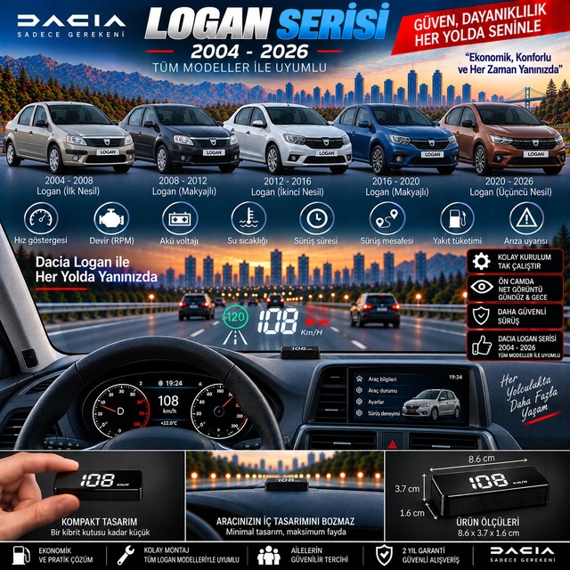 Dacia Logan 2004-2026 Modeller İçin Head Up Display Hayalet Gösterge Ekranı Ön Cam Hız Göstergesi