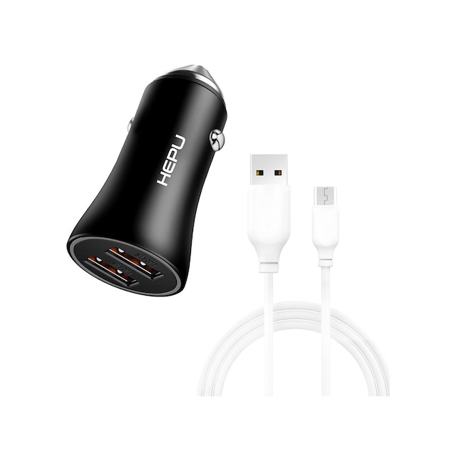 HEPU HP779M QC3.0 2x USB Metal Araç Şarj Aleti USB-Micro USB Kablo Set