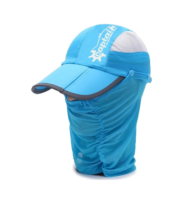 Captain Fisherman Style Cap Jf-07 Katlanır Fileli Şapka + Çıkarılabilir Yüz Koruma Açık Mavi