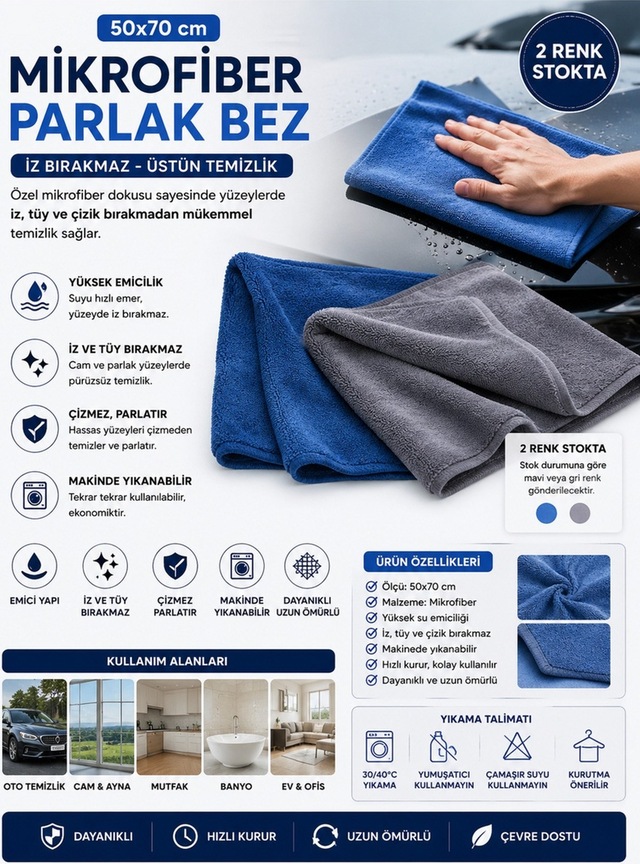Muggio 50x70 Mikrofiber Parlak Bez Oto Kurulama Temizlik Bezi İz Tüy Hav Bırakmaz 1 Adet