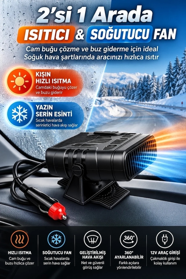 Ers 12v Araç İçi Cam Buğu Çözücü Isıtıcı Fan 2 Si 1 Arada Sıcak Soğuk Hava Üfleyici Buz Çözücü