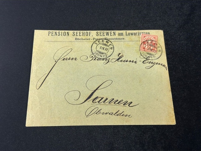 1902 İsviçre Helvetia 10 Franco Pullu Pansiyon / Pension Seehof Seewen Ait Zarf Varış Damgalı Teşhir Ürün