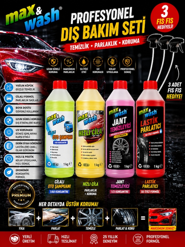 Max&wash Profesyonel Dış Bakım Seti Cilalı Oto Şampuanı + Hızlı Cila + Jant Temizleyici + Lastik Parlatıcı 3 Adet Fıs Fıs Hediyeli 0