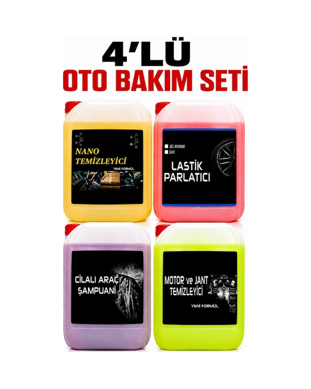Oto Bakım Seti Cilalı Şampuan Lastik Parlatıcı Genel Temizleyici Jant Temizleyici 4'lü 5 Litrelik Set