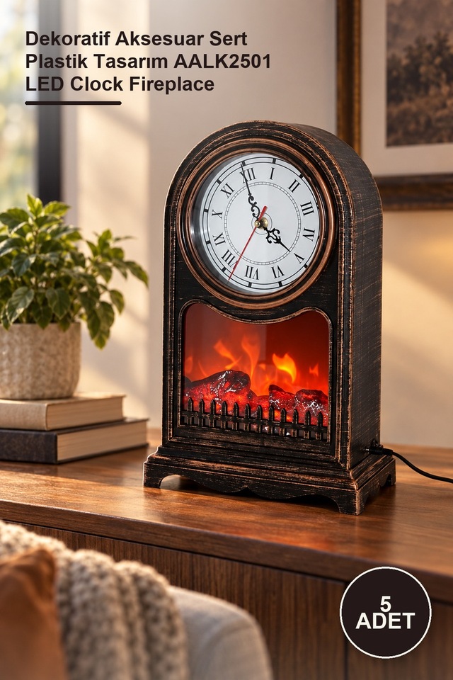 5 Adet Led Işıklı Saatli Şömine Dekoratif Aksesuar Sert Plastik Tasarım Aalk2501 Led Clock Fireplace