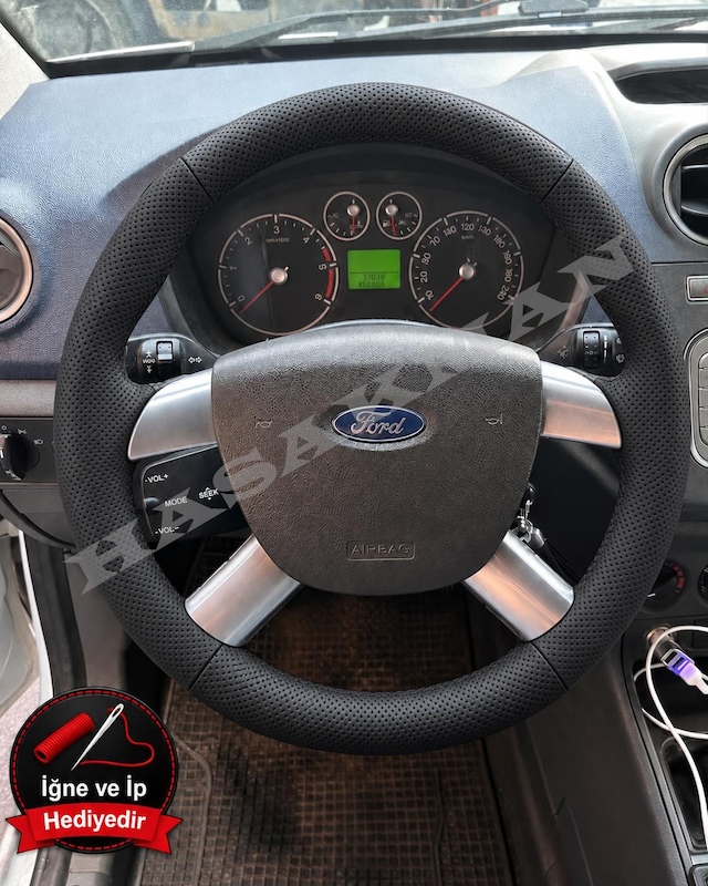 Ford Focus 2 Dikme Direksiyon Kılıfı Premium Komple Delikli Deri Siyah Dikiş 2004-2011