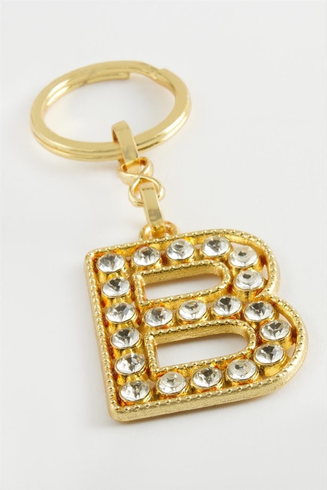 Sarı - 513 - Renkli Taşlı Harf - Spt-gld - Anahtarlık B