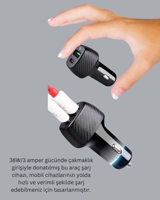 38w Çift Çıkışlı Araç Şarj Cihazı Typec Ve Usb Pd Destekli