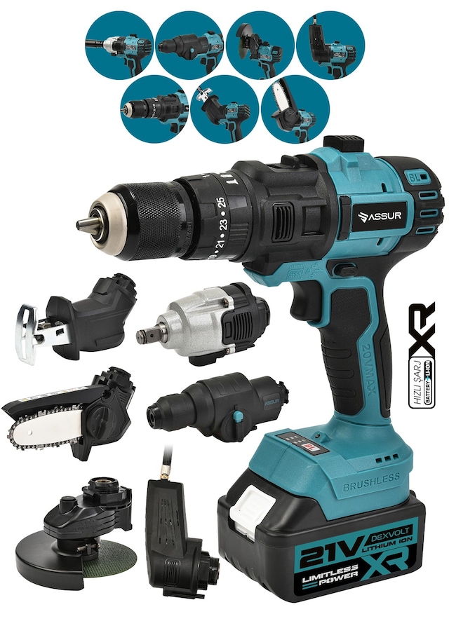Assur ASR1076 21V Çift Akü 7 Başlıklı Set Mavi