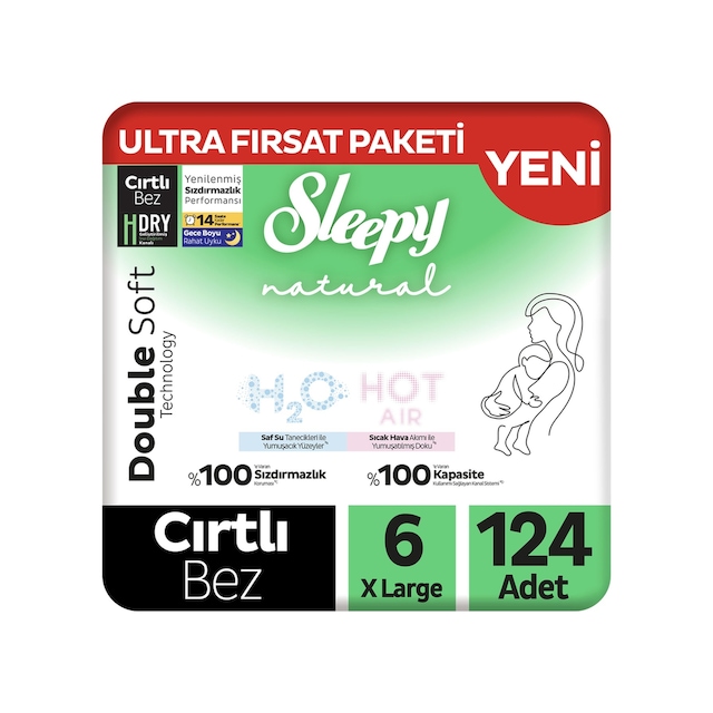 Sleepy Natural Double Soft Ultra Fırsat Paketi Bebek Bezi 6 Numara Xlarge 124 Adet