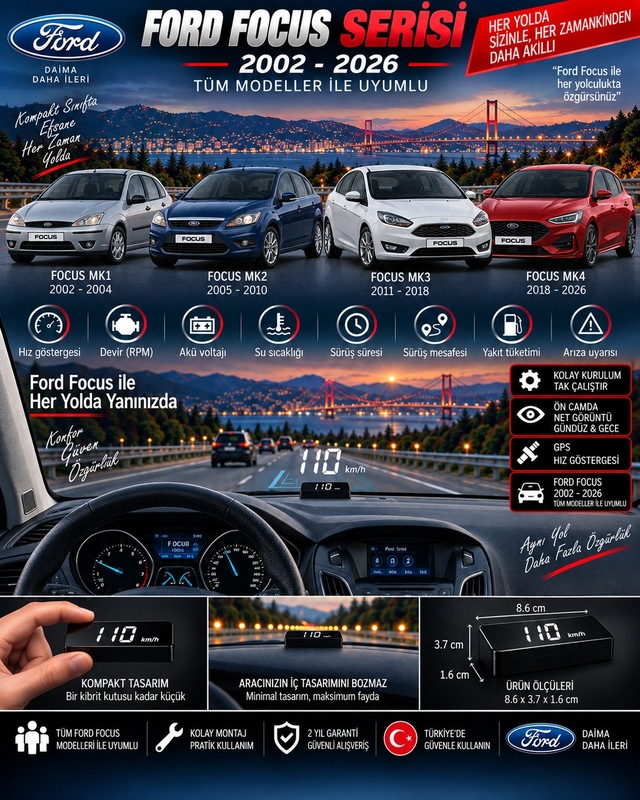 Ford Focus 2002-2025 Modeller İçin Head Up Display Hayalet Gösterge Ekranı Ön Cam Hız Göstergesi