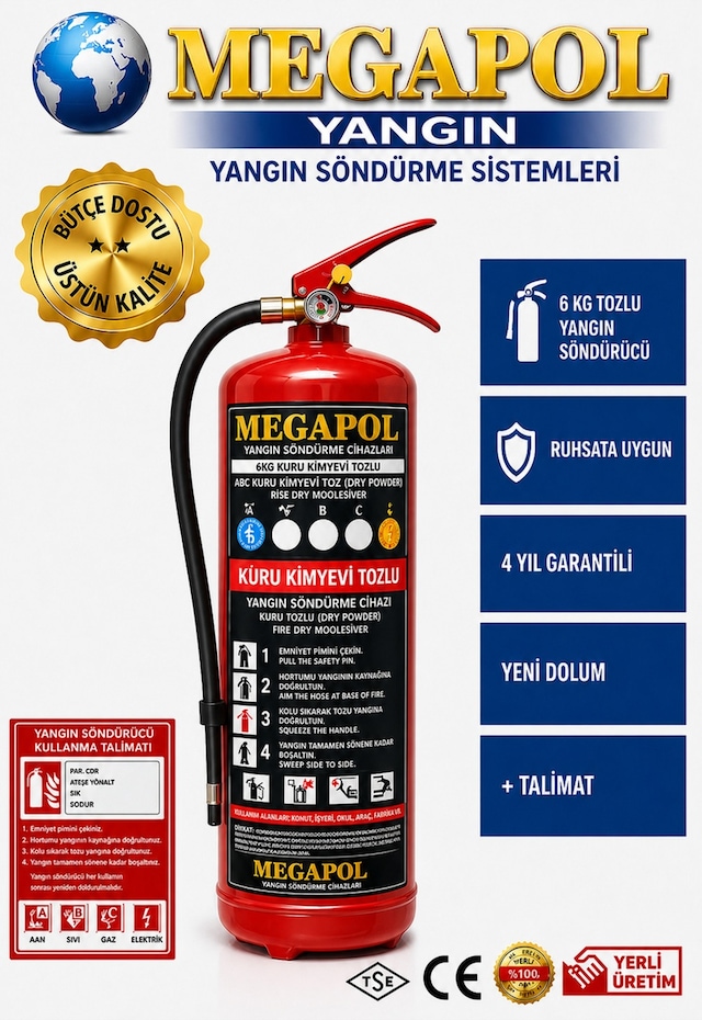 6 Kg Kkt Tozlu Yangın Söndürme Cihazı, Yangın Tüpü, Yangın Söndürücü