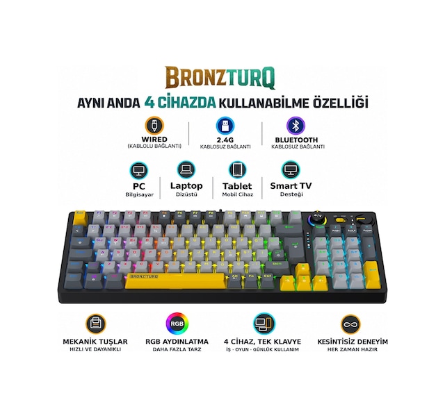 Bronzturq Mk1141 Rgb Antı-ghostıng 3n1 Wired + 2.4g + Bluetooth Mekanik Klavye