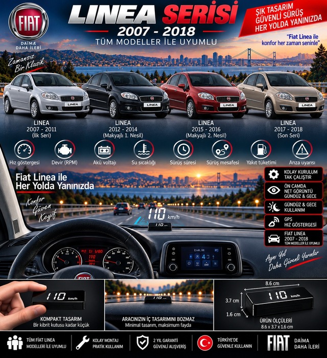 Fiat Linea 2007-2018 Modeller İçin Head Up Display Hayalet Gösterge Ekranı Ön Cam Hız Göstergesi