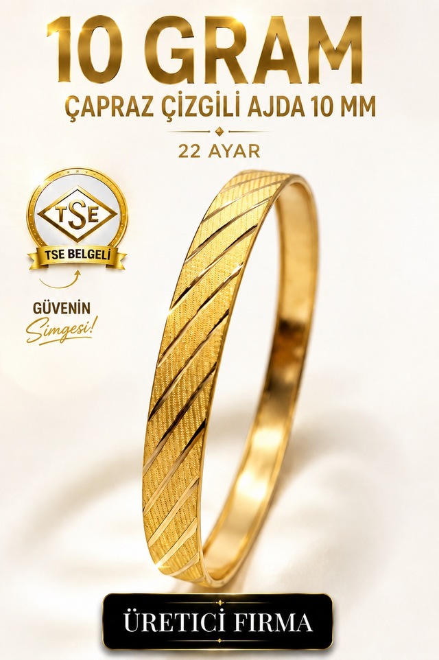 22 Ayar Tse Belgeli 10 Gram Çapraz Çizgili Ajda 10 Mm Ajda Altın Bilezik İşçiliksiz